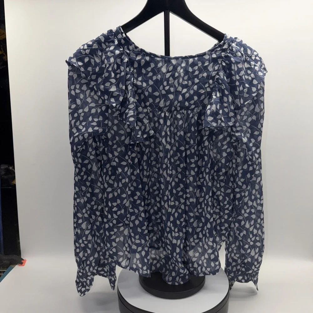 GAP print cascade ruffle top blue and‎ white size XS